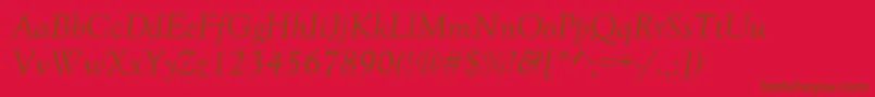 GoudyOldStyleNormalItalic-Schriftart – Braune Schriften auf rotem Hintergrund