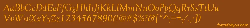 GoudyOldStyleNormalItalic-fontti – oranssit fontit ruskealla taustalla