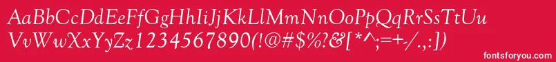 GoudyOldStyleNormalItalic-fontti – valkoiset fontit punaisella taustalla