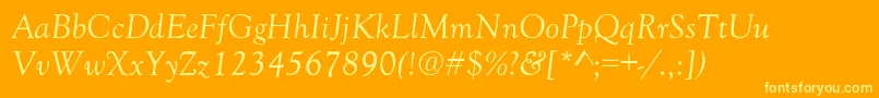GoudyOldStyleNormalItalic-fontti – keltaiset fontit oranssilla taustalla