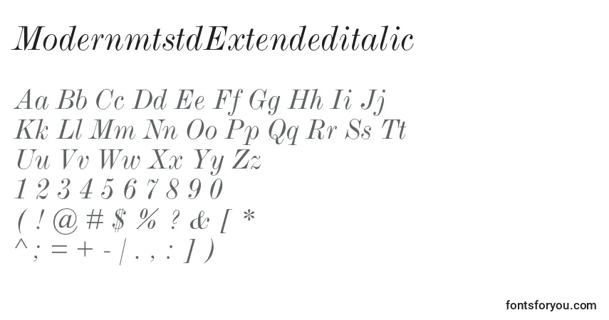 A fonte ModernmtstdExtendeditalic – alfabeto, números, caracteres especiais