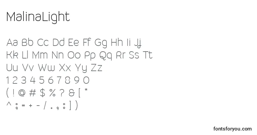 Czcionka MalinaLight – alfabet, cyfry, specjalne znaki