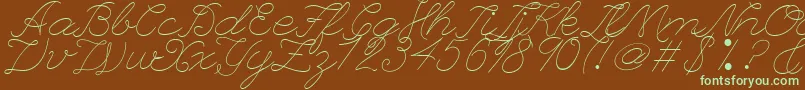 フォントLeagueScriptThinLeagueScript – 緑色の文字が茶色の背景にあります。