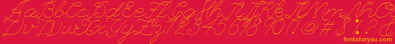 フォントLeagueScriptThinLeagueScript – 赤い背景にオレンジの文字