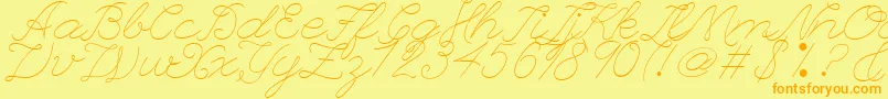 フォントLeagueScriptThinLeagueScript – オレンジの文字が黄色の背景にあります。