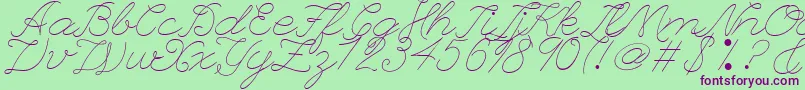 フォントLeagueScriptThinLeagueScript – 緑の背景に紫のフォント