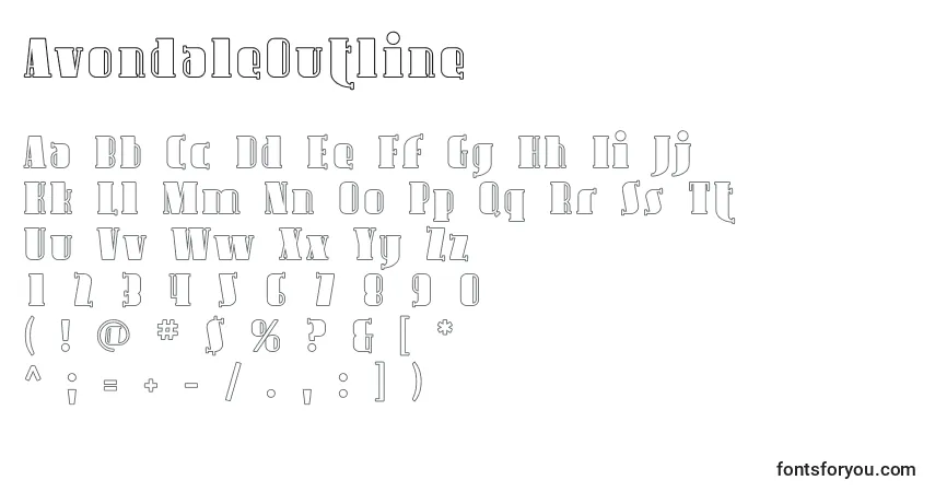 Czcionka AvondaleOutline – alfabet, cyfry, specjalne znaki