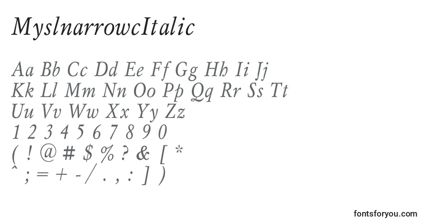 Schriftart MyslnarrowcItalic – Alphabet, Zahlen, spezielle Symbole
