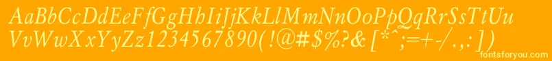 MyslnarrowcItalic-fontti – keltaiset fontit oranssilla taustalla