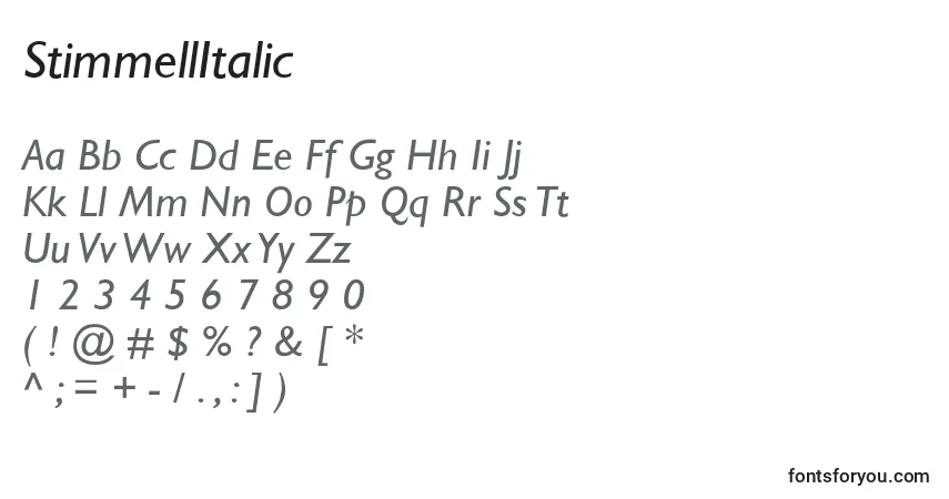 A fonte StimmellItalic – alfabeto, números, caracteres especiais