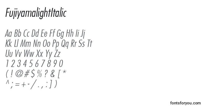 Шрифт FujiyamalightItalic – алфавит, цифры, специальные символы