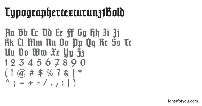 A fonte Typographertexturunz1Bold – alfabeto, números, caracteres especiais