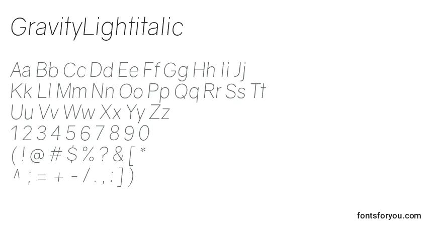 Шрифт GravityLightitalic – алфавит, цифры, специальные символы