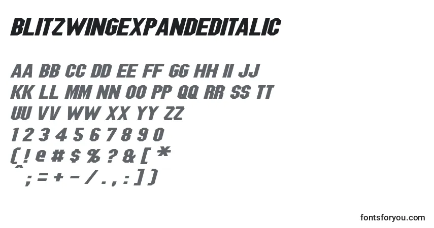 Шрифт BlitzwingExpandedItalic – алфавит, цифры, специальные символы