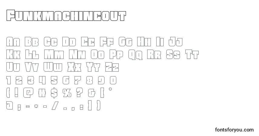 Schriftart Funkmachineout – Alphabet, Zahlen, spezielle Symbole