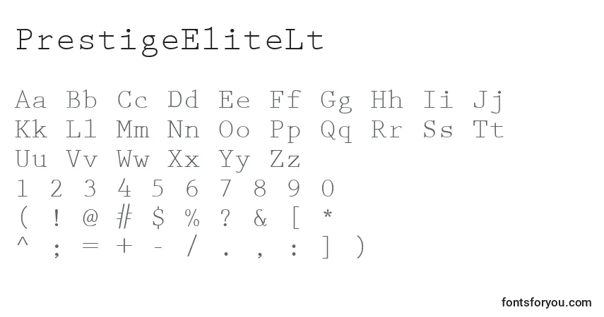 Czcionka PrestigeEliteLt – alfabet, cyfry, specjalne znaki