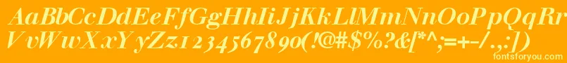 WalbaumossskBoldItalic-fontti – keltaiset fontit oranssilla taustalla