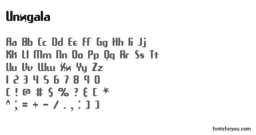Czcionka Unxgala – alfabet, cyfry, specjalne znaki