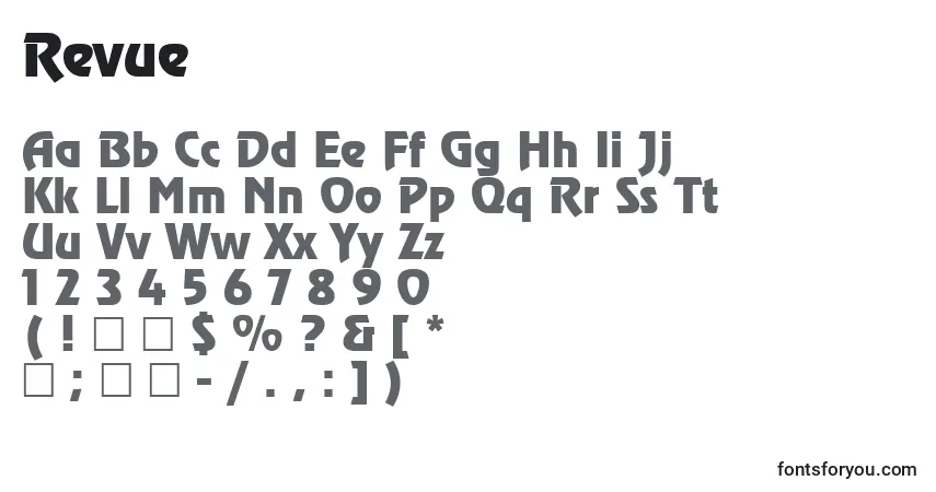 Czcionka Revue – alfabet, cyfry, specjalne znaki