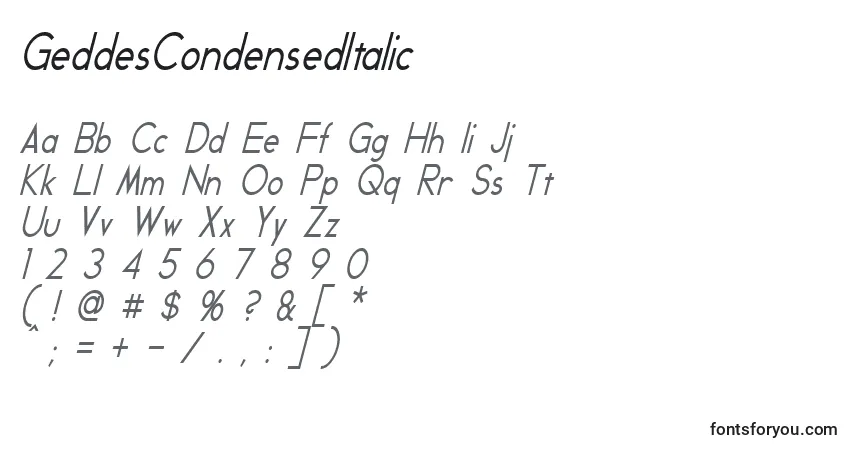 A fonte GeddesCondensedItalic – alfabeto, números, caracteres especiais