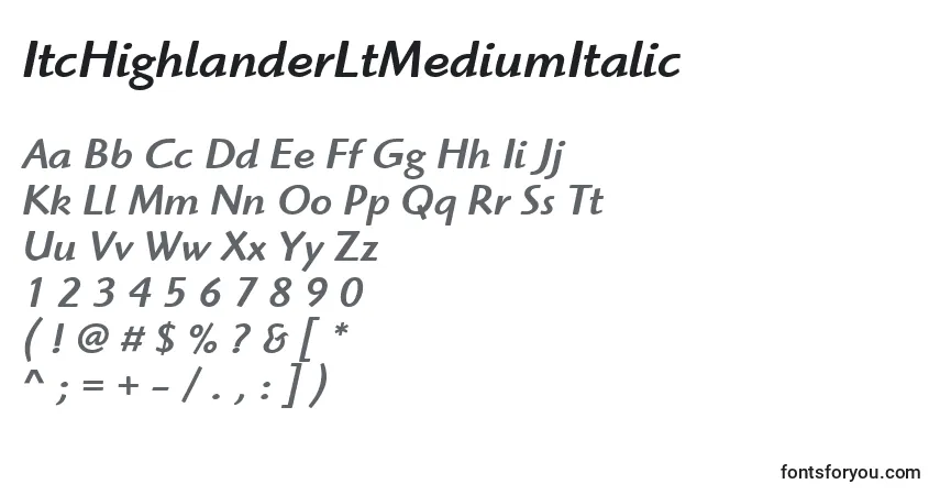 A fonte ItcHighlanderLtMediumItalic – alfabeto, números, caracteres especiais