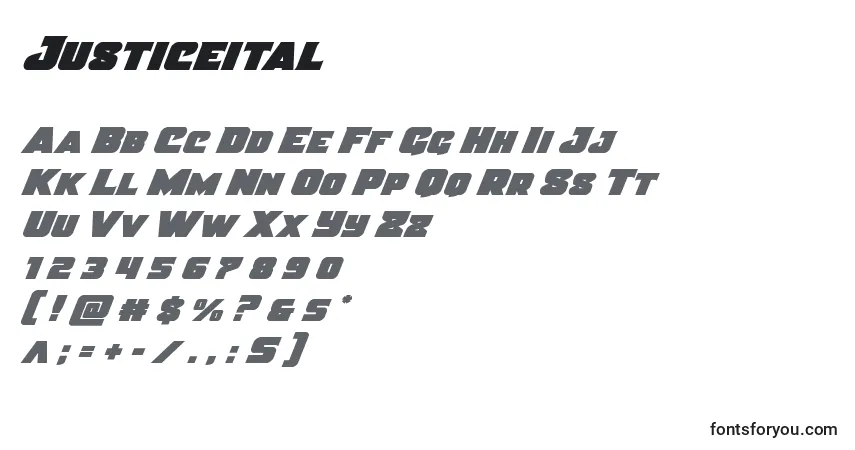 Czcionka Justiceital – alfabet, cyfry, specjalne znaki