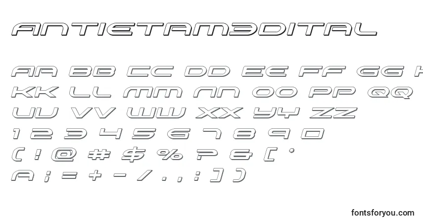 Czcionka Antietam3Dital – alfabet, cyfry, specjalne znaki