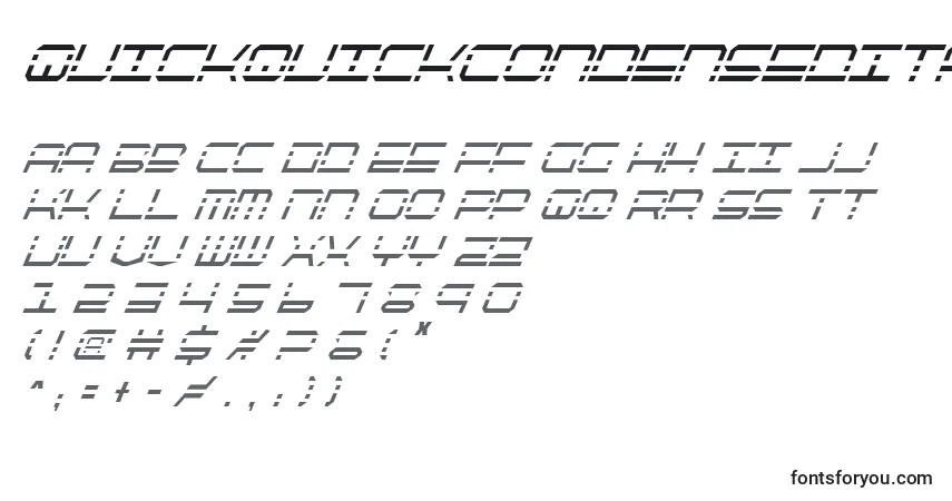 Шрифт QuickquickCondensedItalic – алфавит, цифры, специальные символы