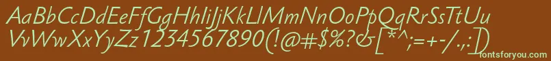 フォントSebastianlightucfItalic – 緑色の文字が茶色の背景にあります。