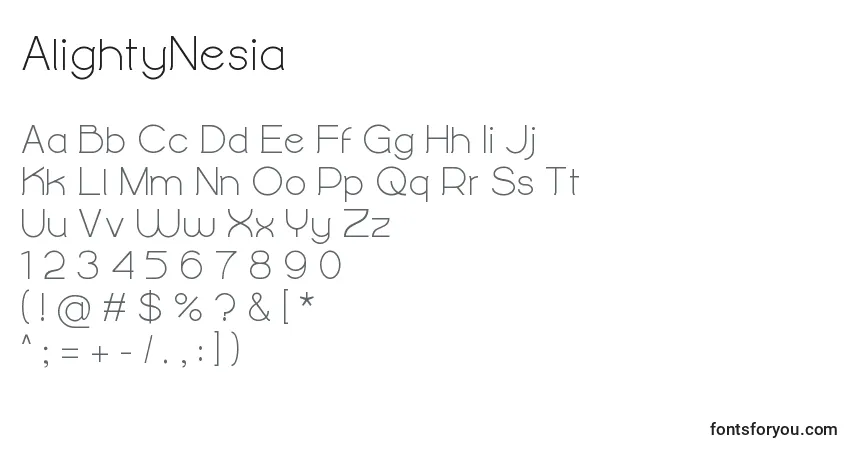 AlightyNesia-fontti – aakkoset, numerot, erikoismerkit