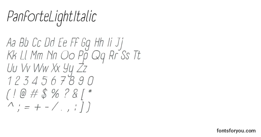 Шрифт PanforteLightItalic – алфавит, цифры, специальные символы