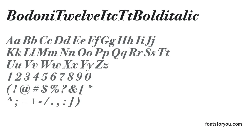 Czcionka BodoniTwelveItcTtBolditalic – alfabet, cyfry, specjalne znaki