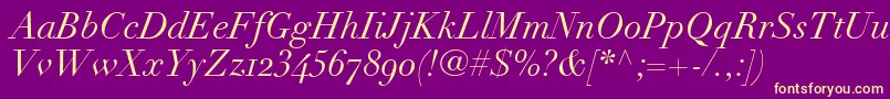 LinotypeDidotItalicOldstyleFigures-Schriftart – Gelbe Schriften auf violettem Hintergrund