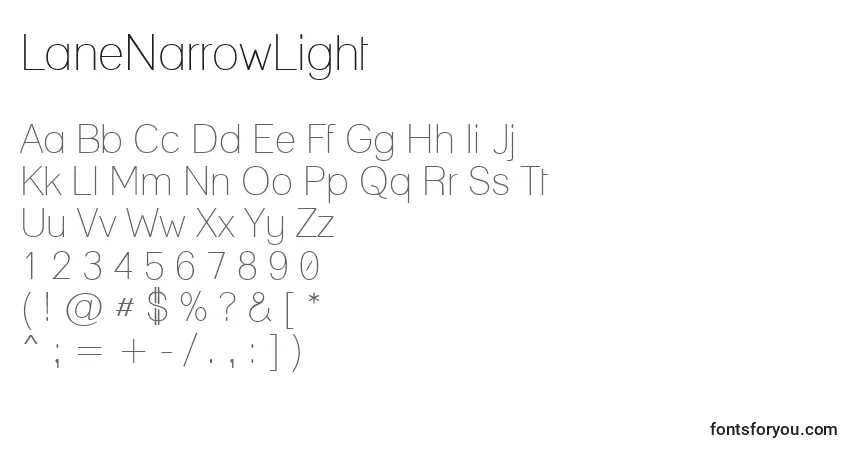 Czcionka LaneNarrowLight – alfabet, cyfry, specjalne znaki