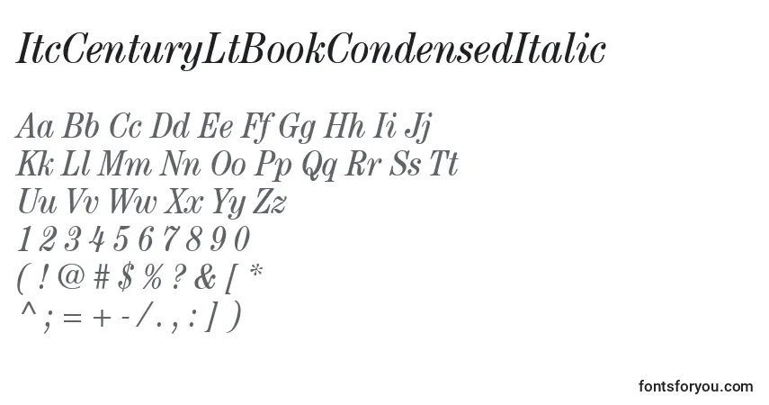 Czcionka ItcCenturyLtBookCondensedItalic – alfabet, cyfry, specjalne znaki