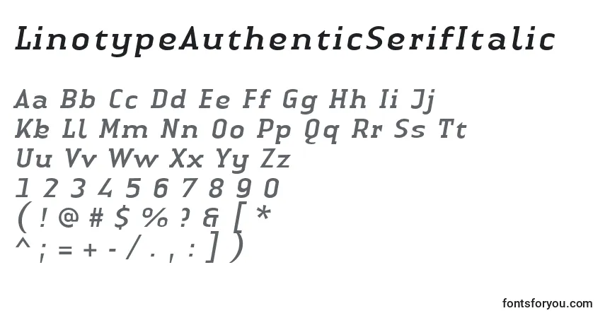 Шрифт LinotypeAuthenticSerifItalic – алфавит, цифры, специальные символы