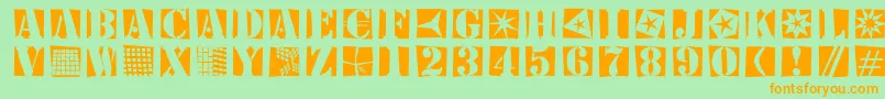 Stencilbricksrandom-Schriftart – Orangefarbene Schriften auf grünem Hintergrund