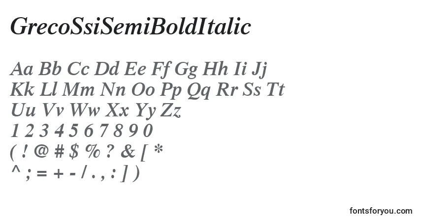 Schriftart GrecoSsiSemiBoldItalic – Alphabet, Zahlen, spezielle Symbole