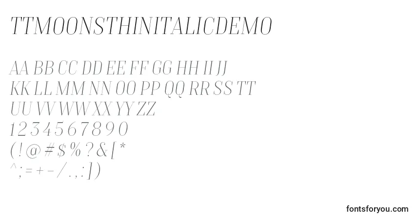 Шрифт TtMoonsThinItalicDemo – алфавит, цифры, специальные символы