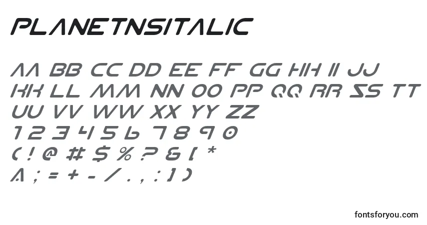 Czcionka PlanetNsItalic – alfabet, cyfry, specjalne znaki