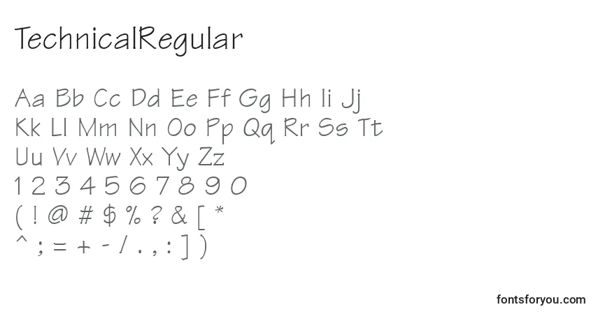A fonte TechnicalRegular – alfabeto, números, caracteres especiais