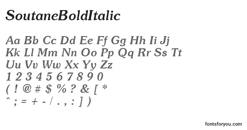 Czcionka SoutaneBoldItalic – alfabet, cyfry, specjalne znaki