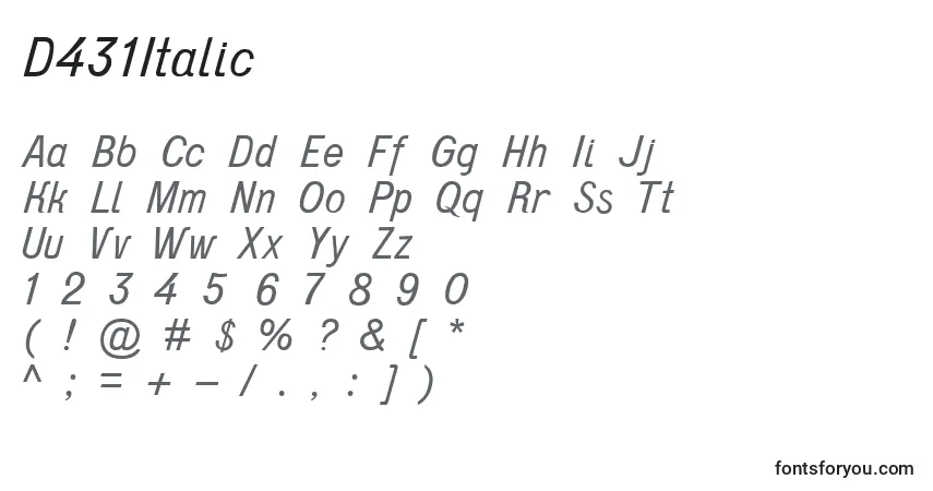A fonte D431Italic – alfabeto, números, caracteres especiais