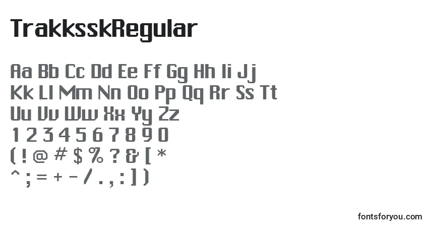 Czcionka TrakksskRegular – alfabet, cyfry, specjalne znaki
