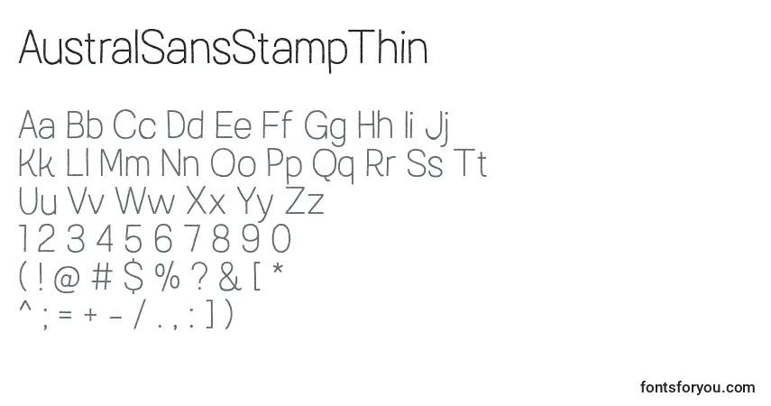 Czcionka AustralSansStampThin – alfabet, cyfry, specjalne znaki
