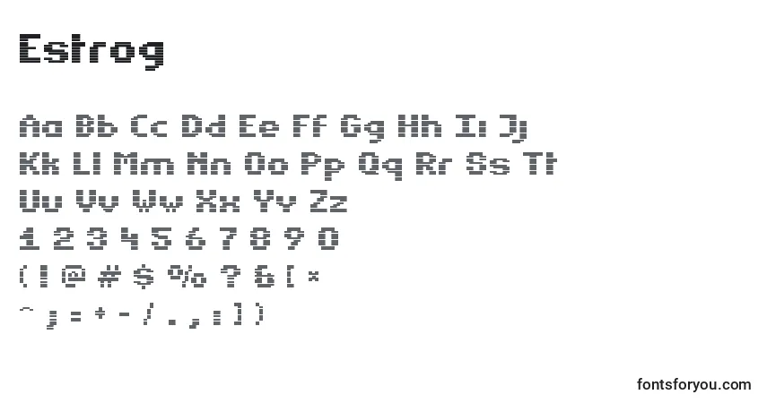 Czcionka Estrog – alfabet, cyfry, specjalne znaki