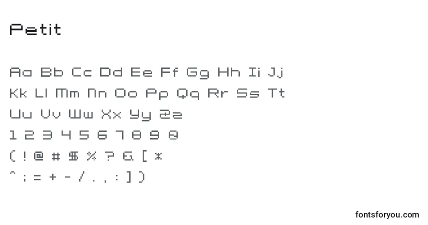 Schriftart Petit – Alphabet, Zahlen, spezielle Symbole