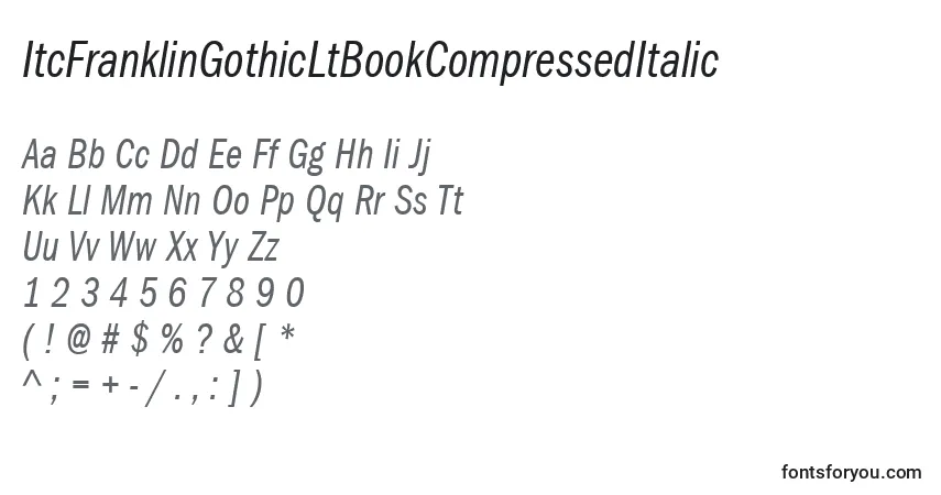 Czcionka ItcFranklinGothicLtBookCompressedItalic – alfabet, cyfry, specjalne znaki