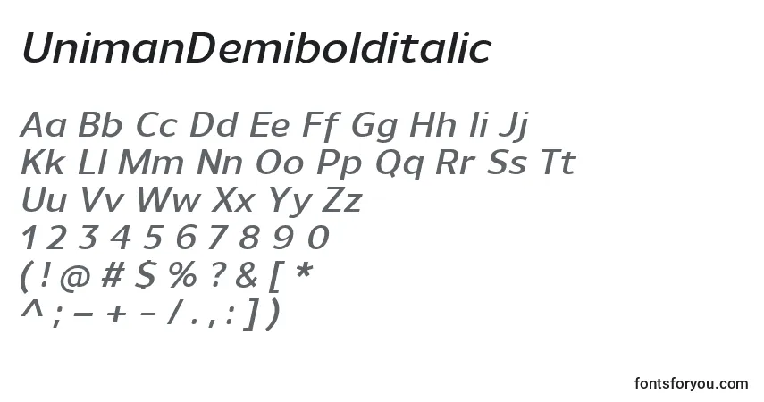 Schriftart UnimanDemibolditalic – Alphabet, Zahlen, spezielle Symbole