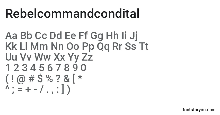 A fonte Rebelcommandcondital – alfabeto, números, caracteres especiais